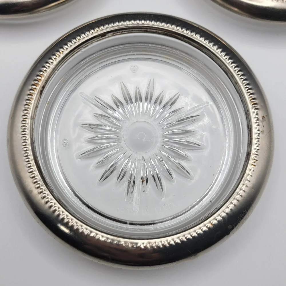 Leonard Silverplate Glass Coasters Set of 3 Made in Italy Sunburst Beaded Rim